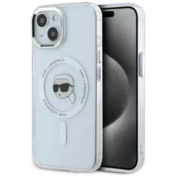 Husă MagSafe KARL LAGERFELD IML Metal Karl Head pentru Apple iPhone 15 Plus, albă