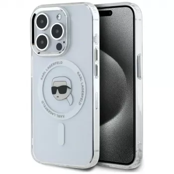 Husă MagSafe KARL LAGERFELD IML Metal Karl Head pentru Apple iPhone 15 Pro, albă