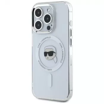 Husă MagSafe KARL LAGERFELD IML Metal Karl Head pentru Apple iPhone 15 Pro Max, albă