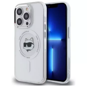 Husă rigidă Karl Lagerfeld KLHMP13LHLSCHH pentru iPhone 13 Pro 6.1, IML Metal Choupette Head, MagSafe, albă