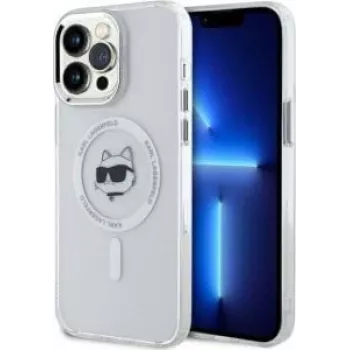 Husă rigidă Karl Lagerfeld KLHMP14XHLSCHH pentru iPhone 14 Pro Max 6,7 inch, albă, IML metalic cu cap Choupette, MagSafe