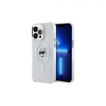 Husă rigidă Karl Lagerfeld KLHMP14XHLSCHH pentru iPhone 14 Pro Max 6,7 inch, albă, IML metalic cu cap Choupette, MagSafe
