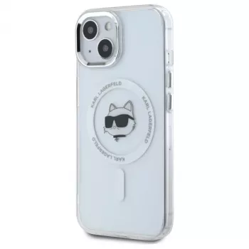 Husă rigidă Karl Lagerfeld KLHMP15SHLSCHH pentru iPhone 15 6,1 inch, albă, IML metalic cu cap Choupette, MagSafe