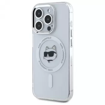 Husă rigidă Karl Lagerfeld KLHMP15LHLSCHH pentru iPhone 15 Pro 6.1, IML Metal Choupette Head, MagSafe, albă