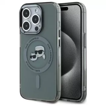 Husă Karl Lagerfeld KLHMP15LHLSKCK pentru iPhone 15 Pro 6,1 inch, IML Metal Karl & Choupette Head MagSafe, neagră