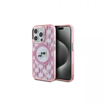 Husă Karl Lagerfeld KLHMP15LHMCKMHP pentru iPhone 15 Pro 6,1 inch, IML Monogram Karl & Choupette Head MagSafe, roz