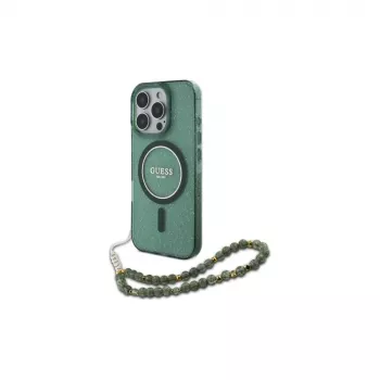 Guess Husă MagSafe IML Glitter With Pearl Strap pentru iPhone 16 Pro Max (verde)