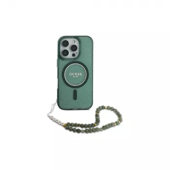 Guess Husă MagSafe IML Glitter With Pearl Strap pentru iPhone 16 Pro Max (verde)