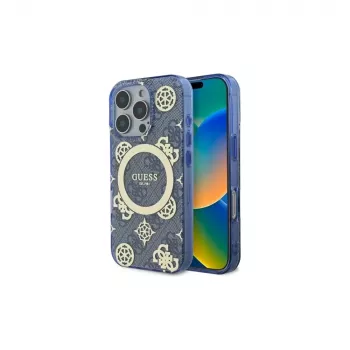 Guess GUHMP16LH4PYEEB Husă rigidă IML MagSafe albastră Peony On 4G Background pentru iPhone 16 Pro 6,3