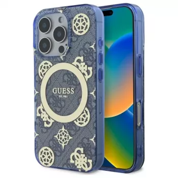 Guess GUHMP16XH4PYEEB Husă rigidă IML MagSafe albastră Peony On 4G Background pentru iPhone 16 Pro Max 6,9 inch