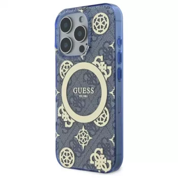 Guess GUHMP16XH4PYEEB Husă rigidă IML MagSafe albastră Peony On 4G Background pentru iPhone 16 Pro Max 6,9 inch