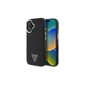 Guess GUHMP16SPGTSPSK Husă rigidă MagSafe neagră Grained Triangle pentru iPhone 16