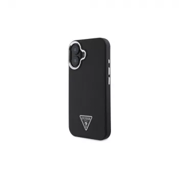 Guess GUHMP16SPGTSPSK Husă rigidă MagSafe neagră Grained Triangle pentru iPhone 16