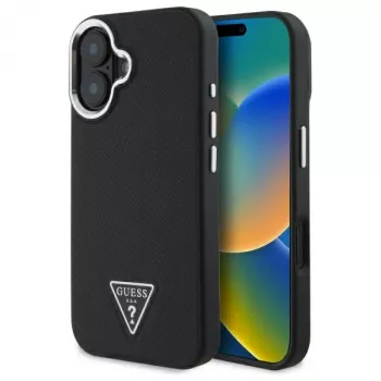 Guess Husă rigidă MagSafe Grained Triangle pentru Apple iPhone 16 Plus - neagră