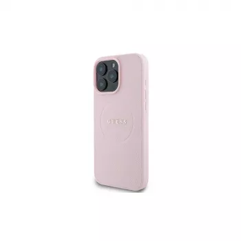 Guess Husă rigidă MagSafe Grained Ring roz pentru Apple iPhone 15 Pro Max 6,7