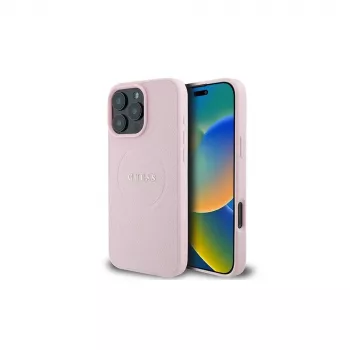 Guess GUHMP16LPGHSMMP Husă rigidă MagSafe Grained Ring roz pentru iPhone 16 Pro 6,3