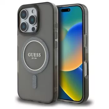 Guess GUHMP16XHFGEREK carcasă rigidă IML Glitter Circle MagSafe pentru iPhone 16 Pro Max 6,9 inch negru