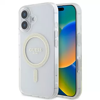Guess GUHMP16SHFGERET iPhone 16 transparent carcasă rigidă IML Glitter Circle MagSafe