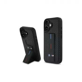 Husă rigidă MagSafe BMW BMHCP16SGSPCCK M Grip Stand Smooth and Carbon pentru iPhone 16 6,1, neagră