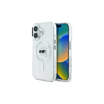 Husă rigidă Karl Lagerfeld IML Metal Karl Head MagSafe pentru iPhone 16 Plus 6,7 inch Alb