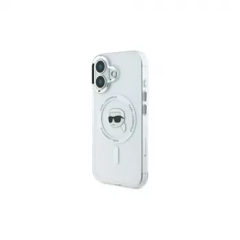Husă rigidă Karl Lagerfeld IML Metal Karl Head MagSafe pentru iPhone 16 Plus 6,7 inch Alb