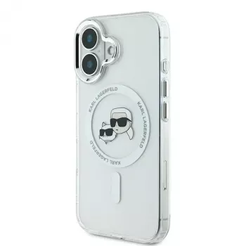 Husă rigidă Karl Lagerfeld KLHMP16SHLSKCH pentru iPhone 16 6,1 inch IML Metal Karl & Choupette Head MagSafe Alb