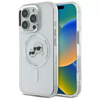 Husă rigidă Karl Lagerfeld KLHMP16LHLSKCH IML Metal Karl & Choupette Head MagSafe pentru Apple iPhone 16 Pro, Alb