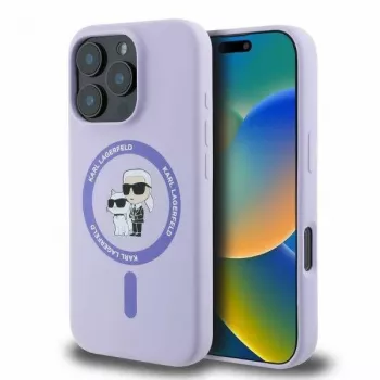 Husă rigidă din silicon Karl Lagerfeld KLHMP16LSCMKCRHU pentru iPhone 16 Pro 6,3 inch Mov cu inel Karl & Choupette MagSafe