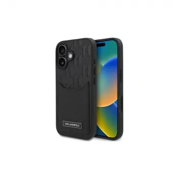 Husă rigidă Karl Lagerfeld pentru iPhone 16 6,1 inch cu compartimente pentru carduri Monogram Negru