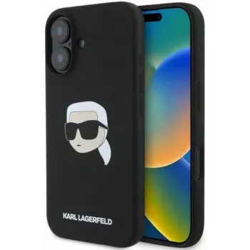 Husă rigidă din silicon Karl Lagerfeld KLHMP16SSKHPPLK pentru iPhone 16 6,1 inch Negru cu Karl Head Print și MagSafe
