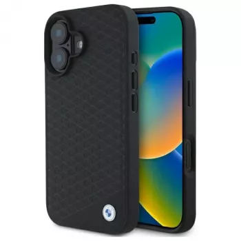 Husă rigidă MagSafe BMW BMHMP16S23RDDK Sign Leather Diamond Metal Logo pentru iPhone 16 6,1 inch, neagră