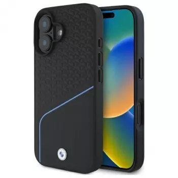 Husă rigidă MagSafe BMW Sign Leather Textured And Line pentru Apple iPhone 16 6,1 inch, neagră