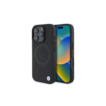 Husă rigidă MagSafe BMW BMHMP16L23RTPK Sign Leather Half Textured And Circle pentru iPhone 16 Pro 6,3 inch, neagră