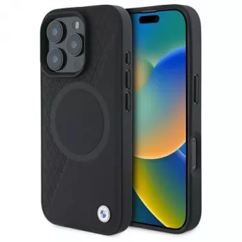 Husă rigidă MagSafe BMW Sign Leather Half Textured cu Circle pentru Apple iPhone 16 Pro Max 6,9 inch, neagră