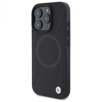 Husă rigidă MagSafe BMW Sign Leather Half Textured cu Circle pentru Apple iPhone 16 Pro Max 6,9 inch, neagră