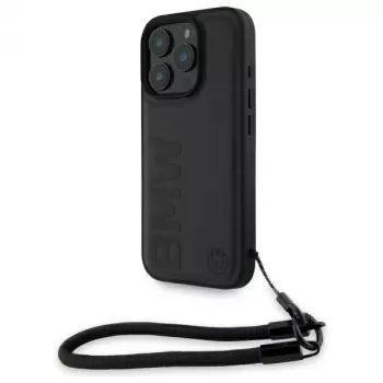 Husă rigidă BMW Signature Leather Wordmark Cord pentru Apple iPhone 16 Pro 6,3 inch, neagră