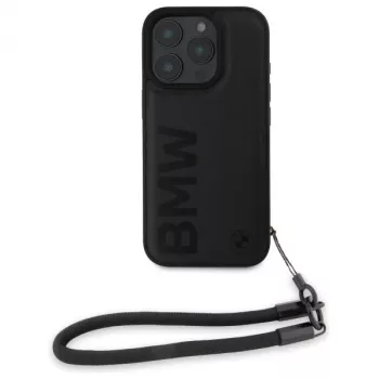 Husă rigidă BMW Signature Leather Wordmark Cord pentru Apple iPhone 16 Pro 6,3 inch, neagră