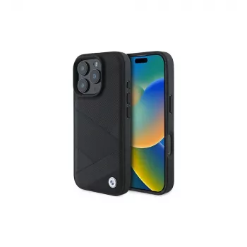 Husă rigidă BMW Sign Leather Crossing Lines Pattern pentru Apple iPhone 16 Pro 6,3 inch, neagră