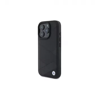 Husă rigidă BMW Sign Leather Crossing Lines Pattern pentru Apple iPhone 16 Pro 6,3 inch, neagră