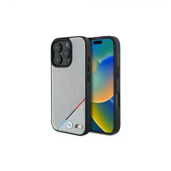 BMW M Perforated Tricolor Line Husă rigidă pentru Apple iPhone 16 Pro 6,3 inch gri MagSafe