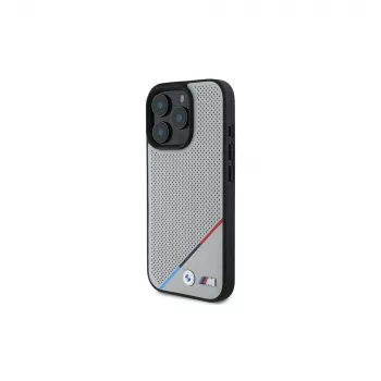 BMW M Perforated Tricolor Line Husă rigidă pentru Apple iPhone 16 Pro 6,3 inch gri MagSafe