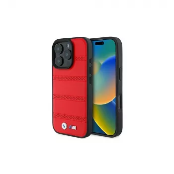 Husă rigidă MagSafe BMW M Collection Perforated and Stitched Line pentru Apple iPhone 16 Pro 6,3 inch, roșu