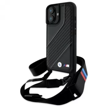 Husă rigidă BMW M Edition Carbon Stripe & Strap pentru iPhone 16 6,1 inch, neagră