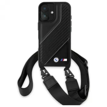 Husă rigidă BMW M Edition Carbon Stripe & Strap pentru iPhone 16 6,1 inch, neagră