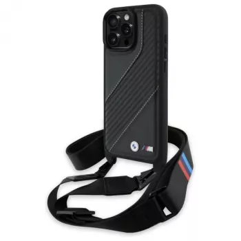 Husă rigidă BMW M Edition Carbon Stripe & Strap pentru Apple iPhone 16 Pro Max 6,9 inch, neagră