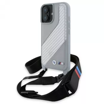 Husă rigidă BMW BMHCP16S23PSCCG M Edition Carbon Stripe & Strap pentru iPhone 16 6,1 inch, gri