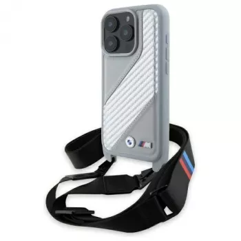 Husă rigidă BMW M Edition Carbon Stripe & Strap pentru Apple iPhone 16 Pro 6,3 inch, gri