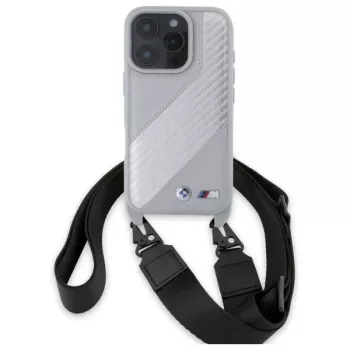 Husă rigidă BMW M Edition Carbon Stripe & Strap pentru Apple iPhone 16 Pro 6,3 inch, gri