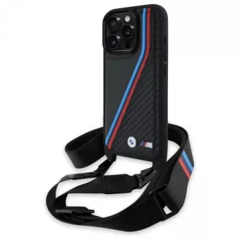 Husă rigidă BMW BMHCP16X23PSVTK M Edition Carbon Tricolor Lines & Strap pentru iPhone 16 Pro Max 6,9 inch, neagră