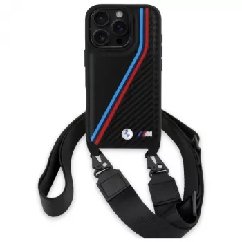 Husă rigidă BMW BMHCP16X23PSVTK M Edition Carbon Tricolor Lines & Strap pentru iPhone 16 Pro Max 6,9 inch, neagră